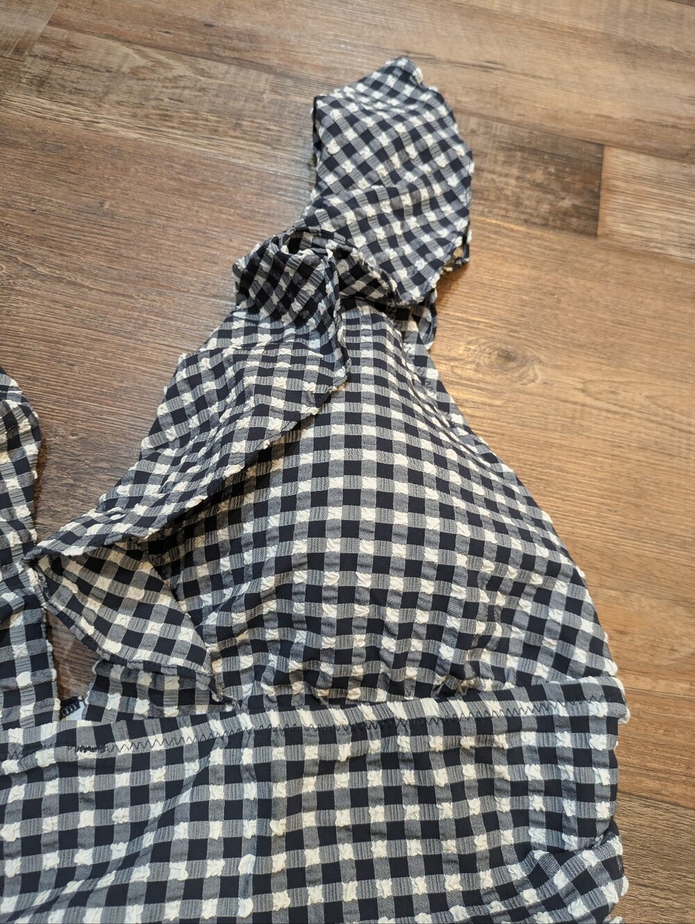 NWT J. Crew Ruched Ruffle Navy White Gingham Seersucker One-Piece Swimsuit Sz 18 - Picture 4 of 13